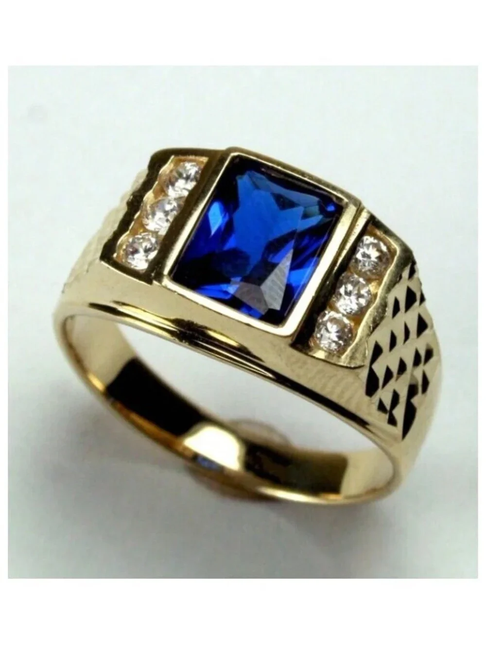 Blue square with accents - Ring - Gold - CZs - Size 8